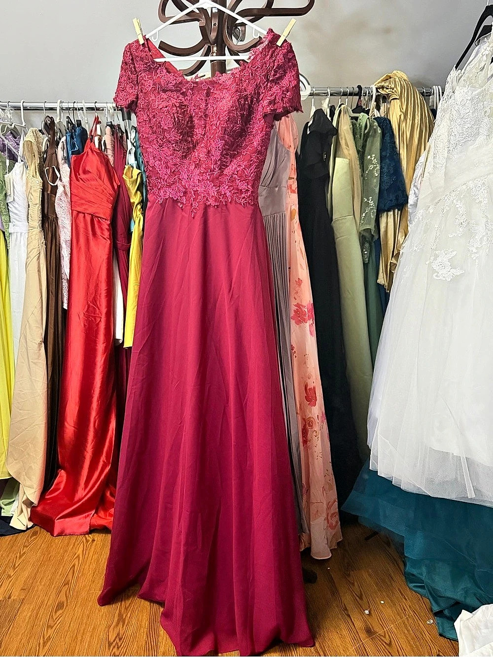 Burgundy Lace Bodice Maxi Dress